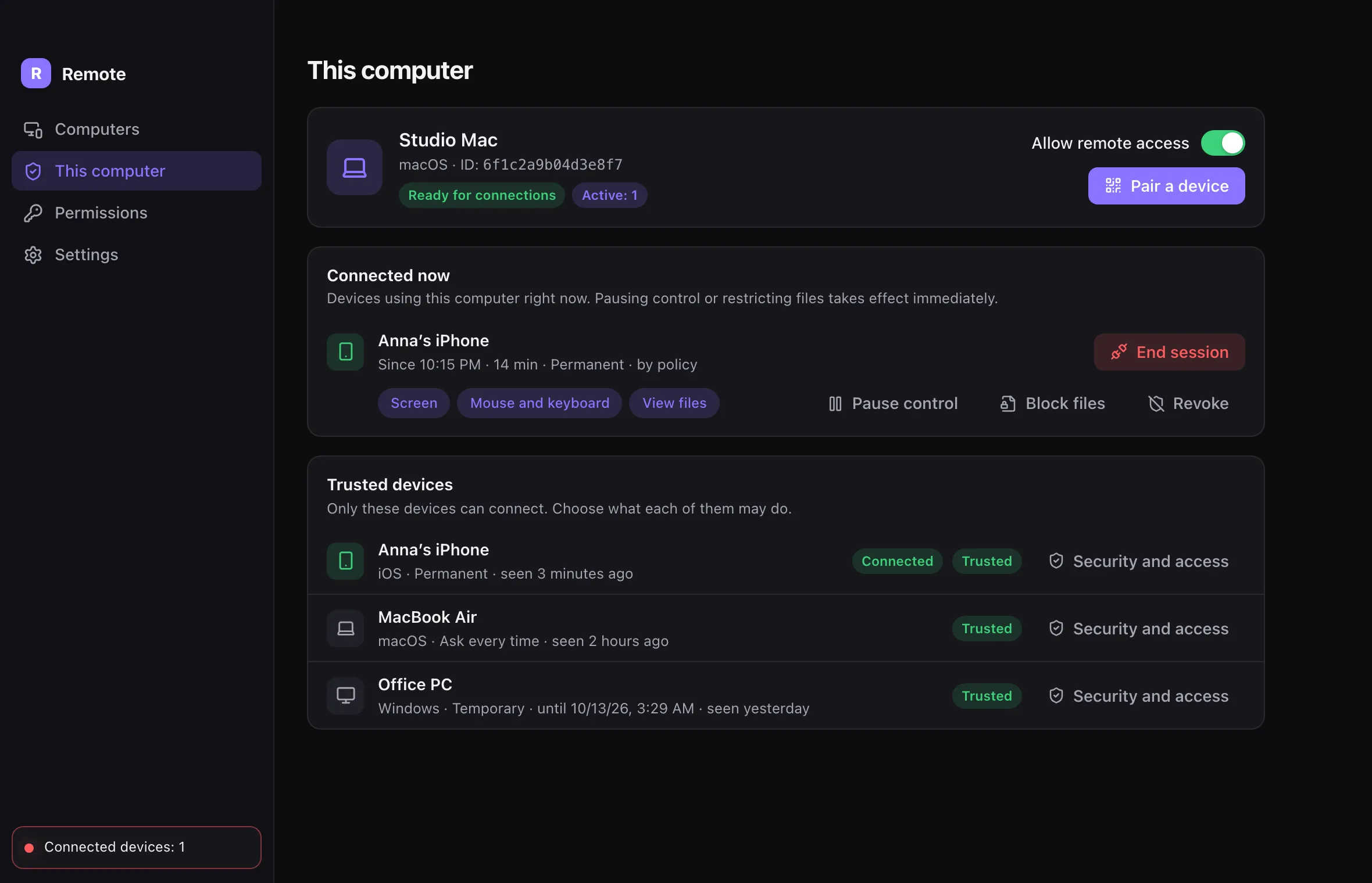 Remote desktop app: this computer, connected devices and trusted devices