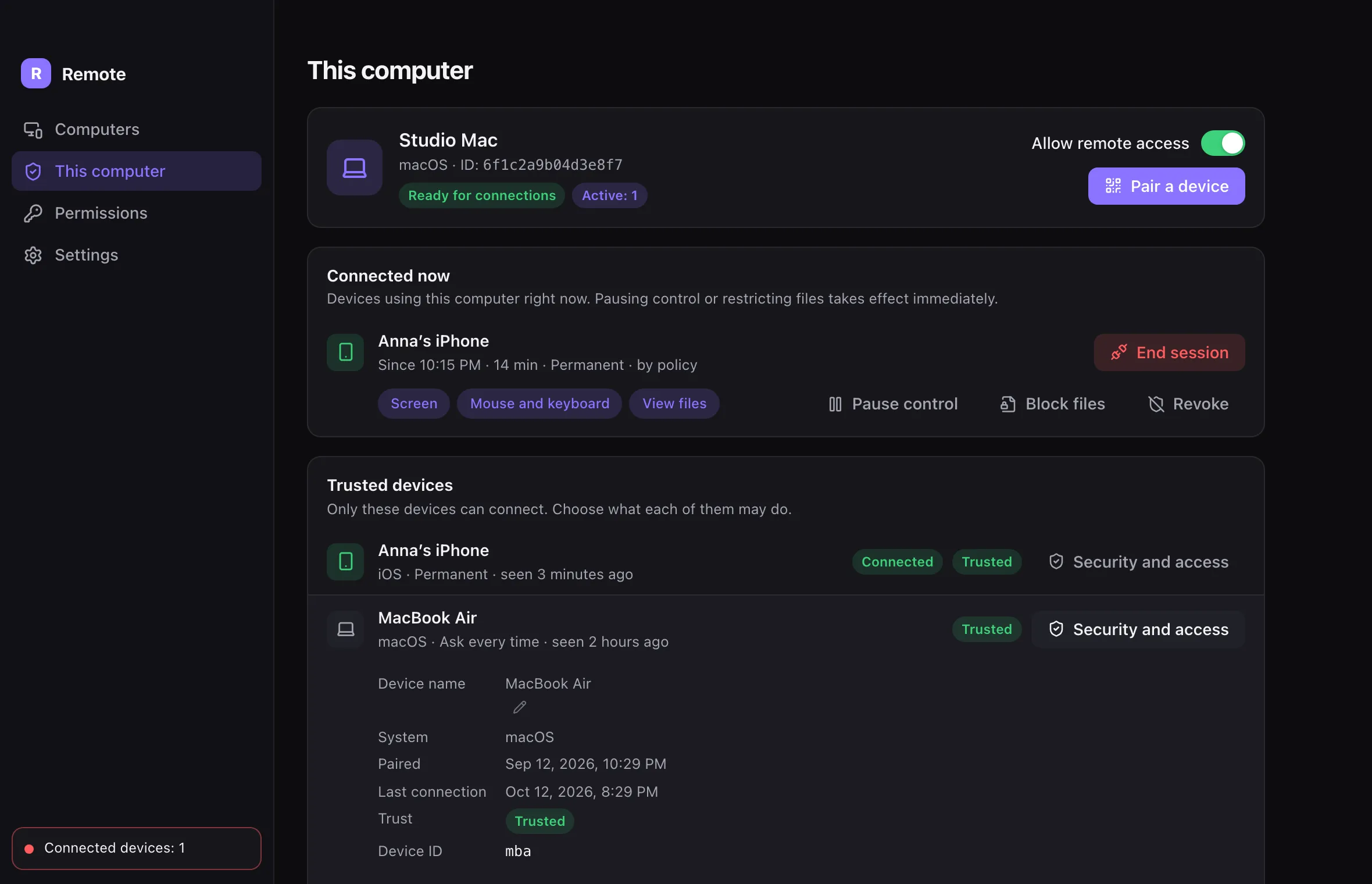 Security and access settings for a trusted device in Remote