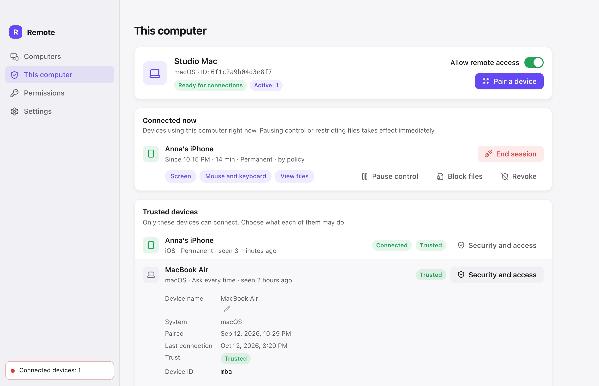 Security and access settings for a trusted device in Remote
