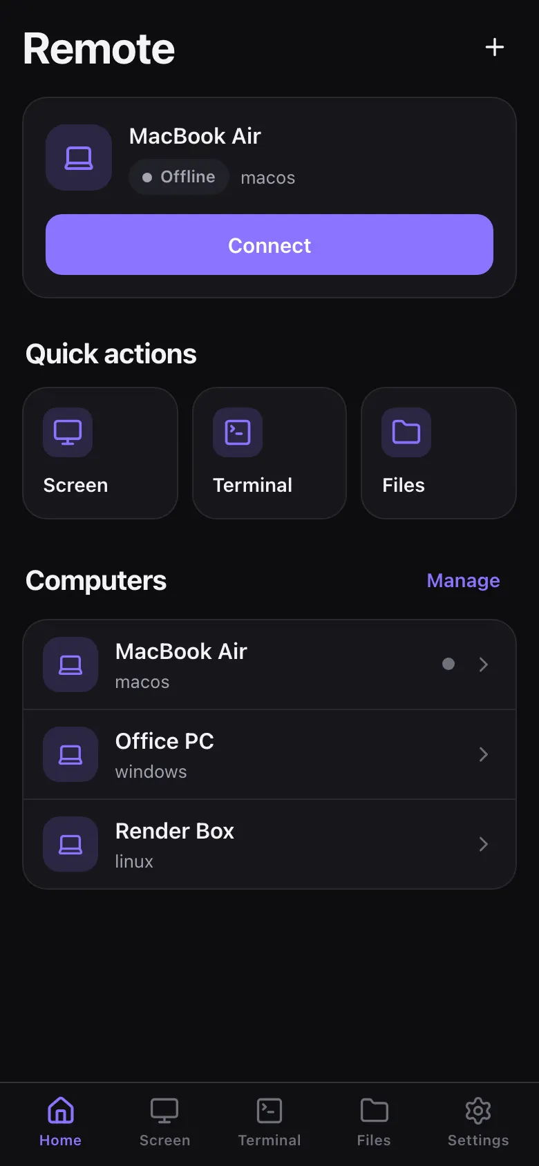 Remote iPhone app with paired computers and quick actions