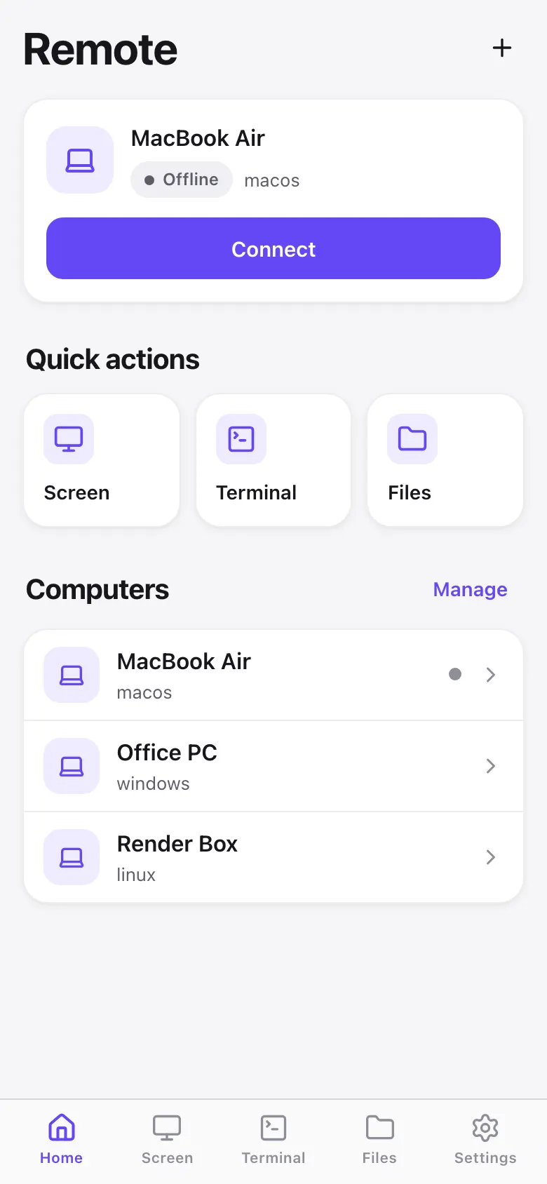 Remote iPhone app with paired computers and quick actions